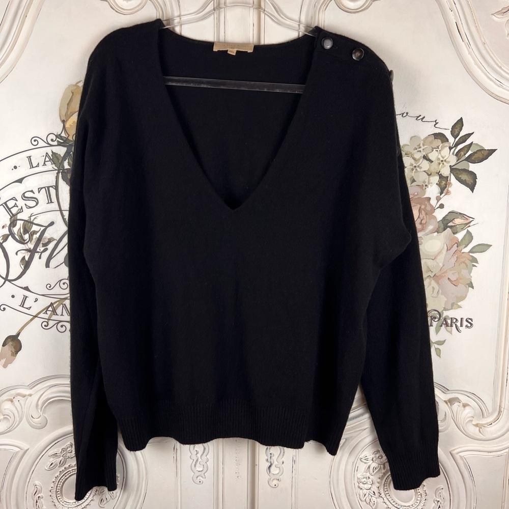 LA MAILLE SEZANE Black Cashmere Plunge V Neck Sweater Shoulder Buttons, Size XXL